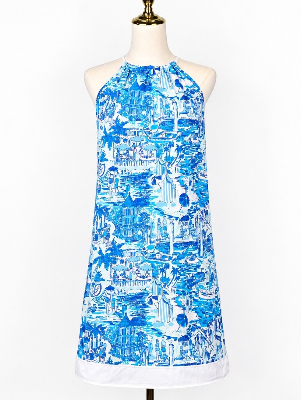 Lilly Pulitzer Fresh Catch Toile 2010 Halter Shift Dress Blue White Cotton Sz 16